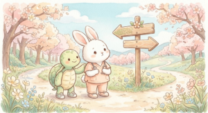 転職を考える医療職：カメとウサギのキャラクター